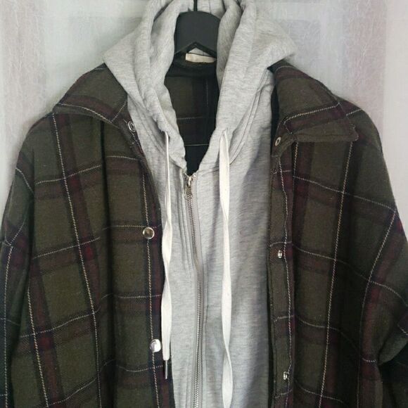 ALTAR'D STATE Plaid Fleece Hooded Shacket Green Y2K 90's Grunge Slouchy Size S - Picture 5 of 9